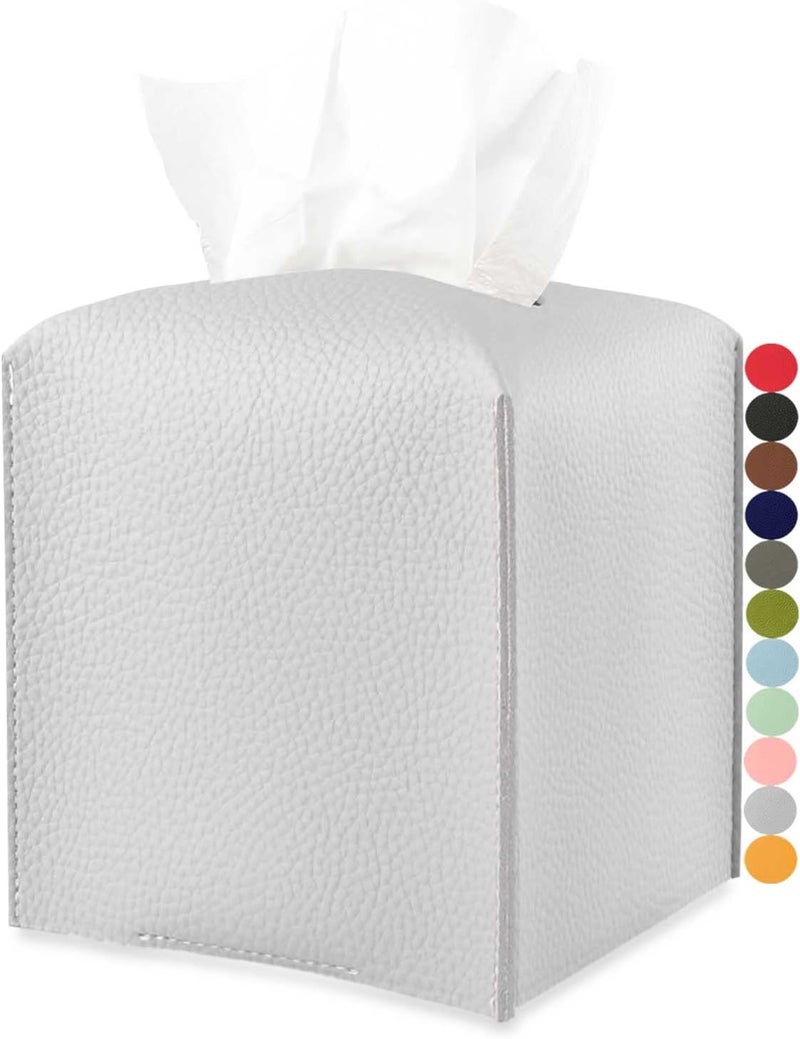 JESMINI Tissues Cube Box Cover Leather – with Bottom Belt [, Light Gray] Decorative Tissue Box Cover for Bathroom Vanity Countertop/Night Stands/Office Desk - Image 1